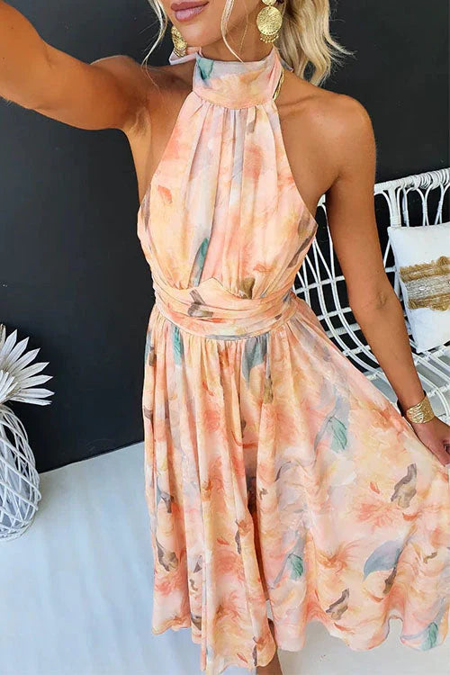 Sari - Long Halter Dress with Watercolour Pattern