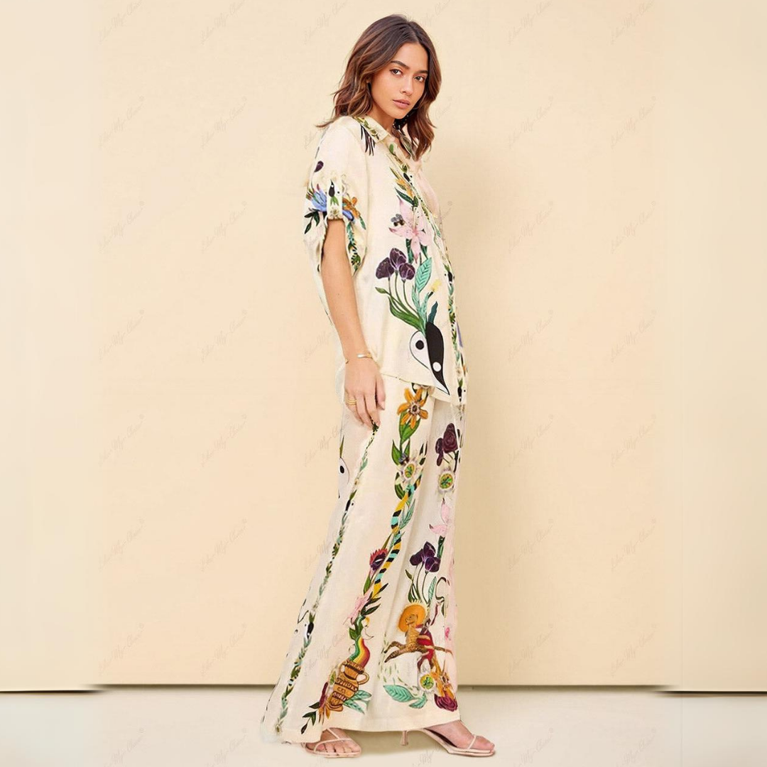 Rania™ - unique print, oversized blouse and button-up trousers