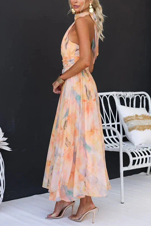 Sari - Long Halter Dress with Watercolour Pattern