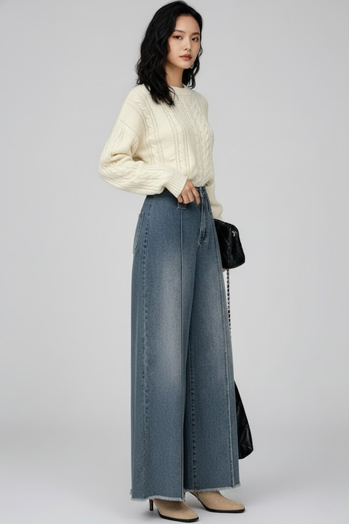 Women’s Wide Leg Trousers with High Waist and Front Seams
