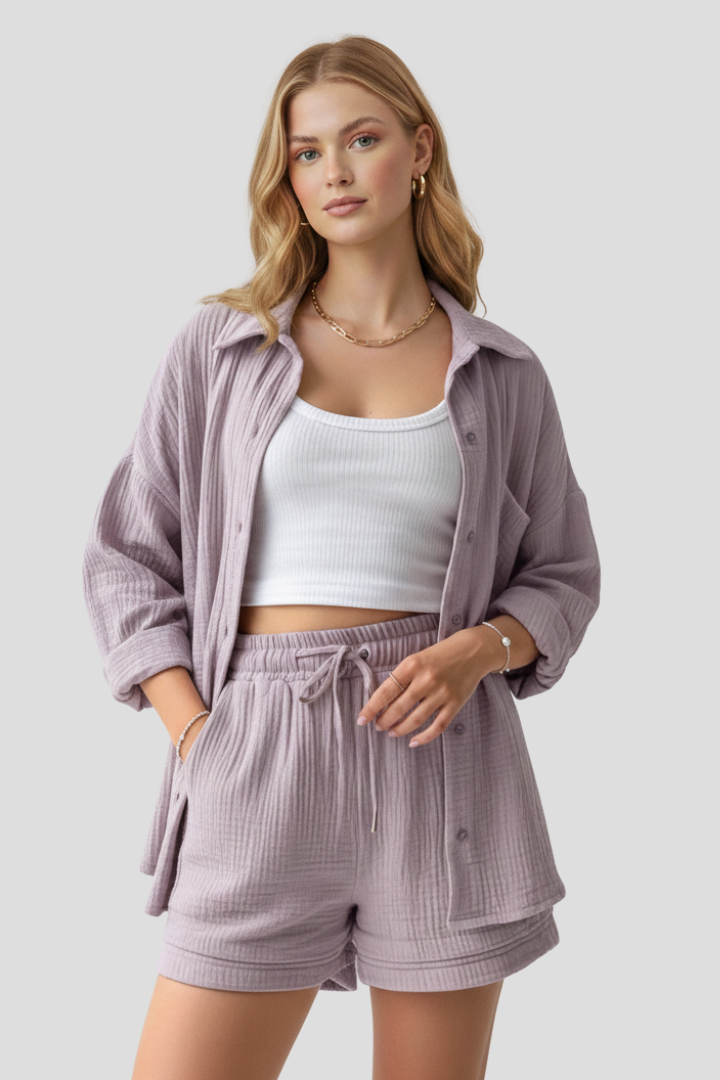 Women’s Two Piece Set with Oversized Blouse and Muslin Shorts