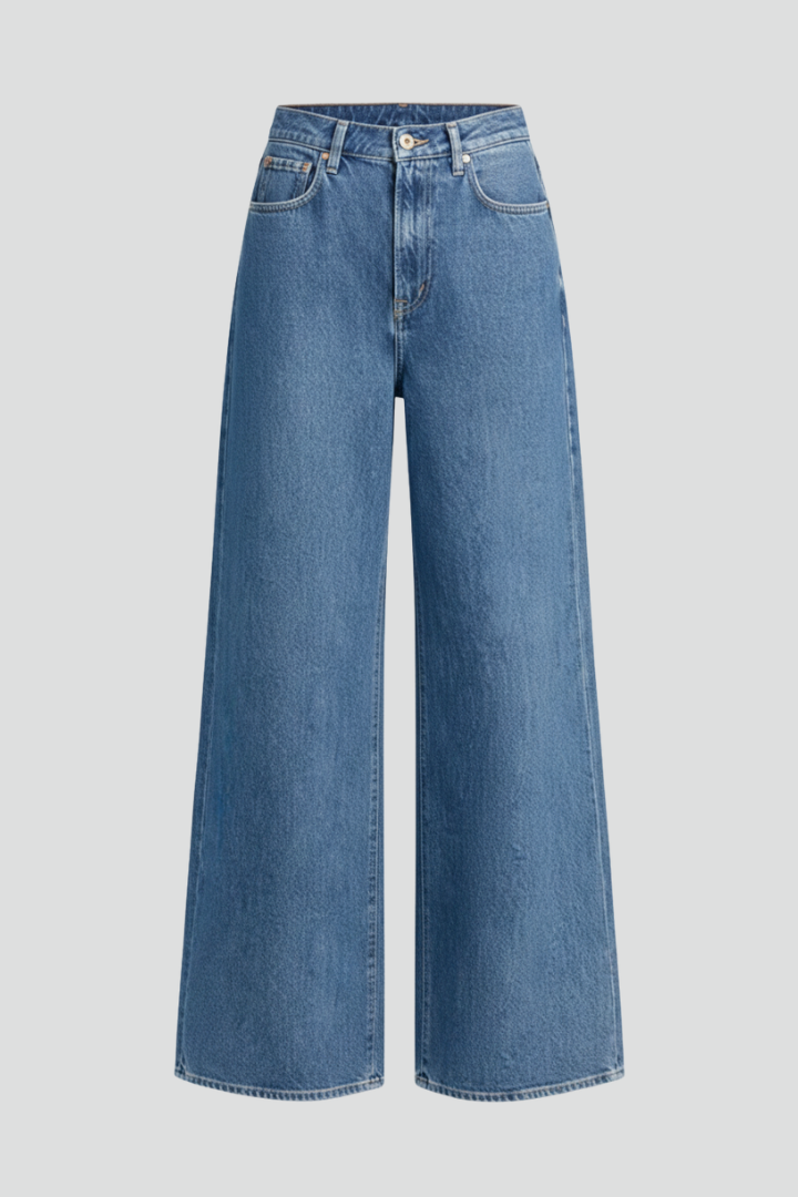 Women’s Wide-Leg Jeans with Button Fastening and High Waist