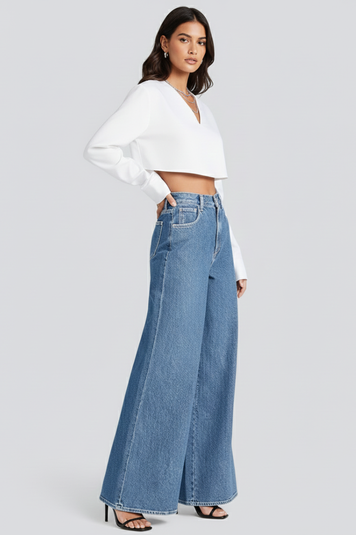 Women’s Wide-Leg Jeans with Button Fastening and High Waist