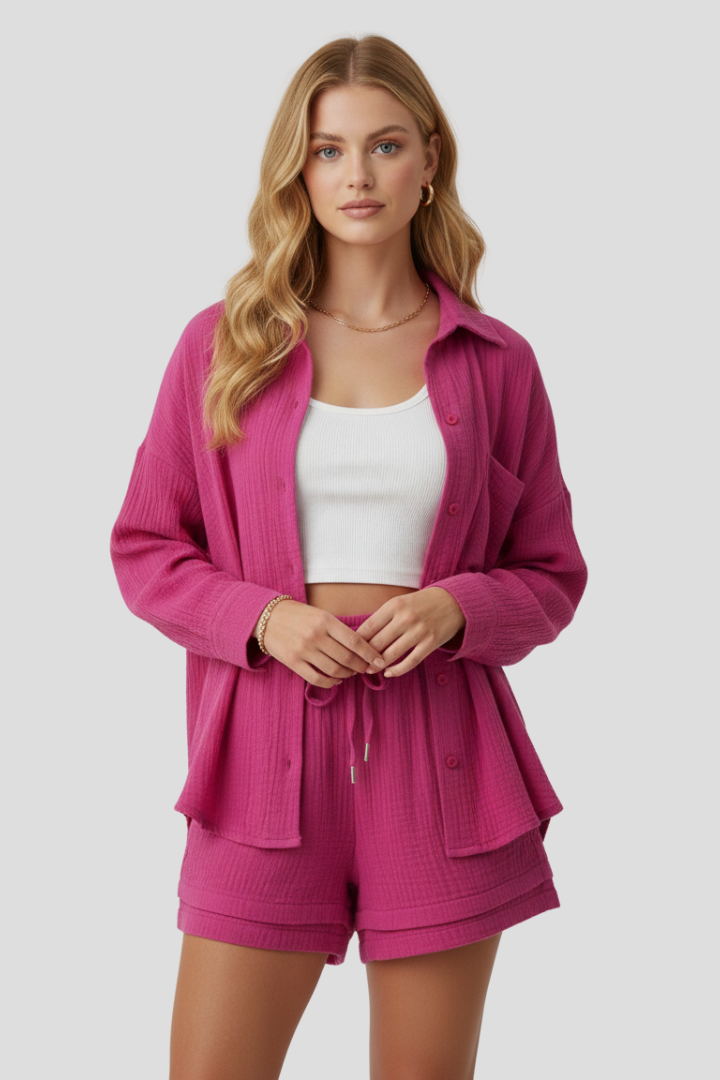 Women’s Two Piece Set with Oversized Blouse and Muslin Shorts