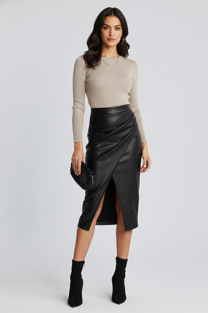 Pleated Midi Skirt with Front Split