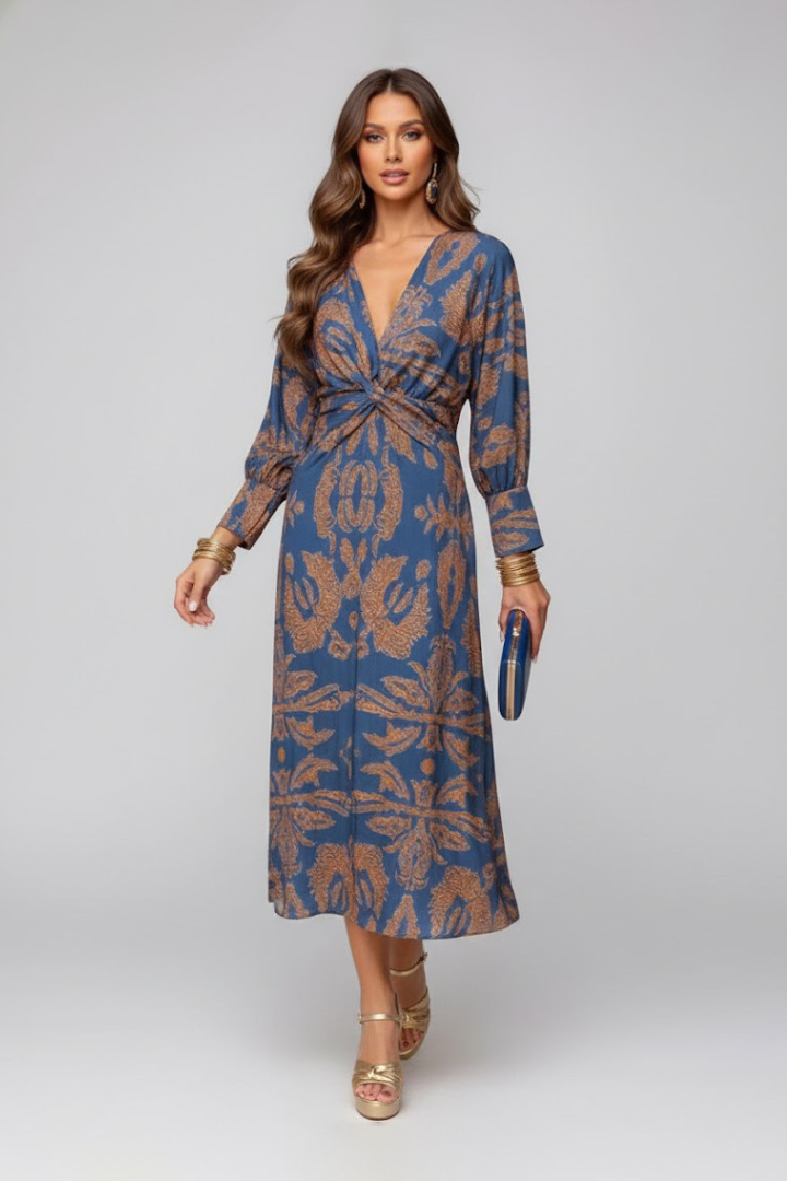 Women’s Maxi Dress with V-Neck and Printed Surface