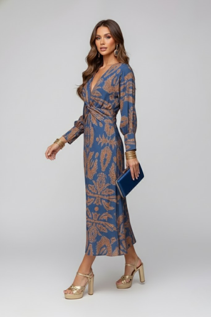Women’s Maxi Dress with V-Neck and Printed Surface