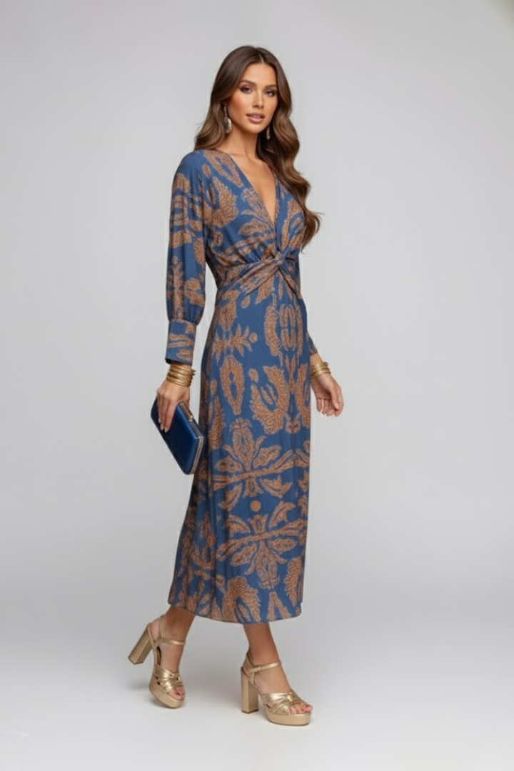 Women’s Maxi Dress with V-Neck and Printed Surface