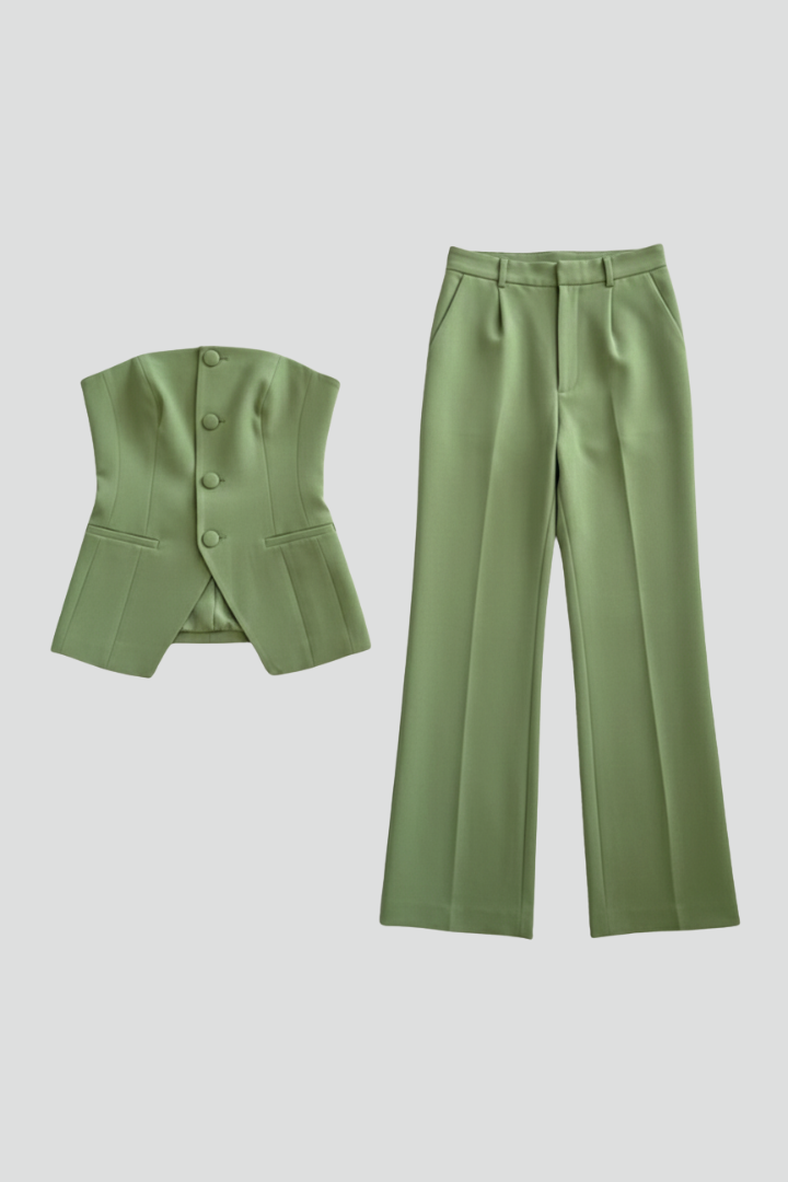 Women’s Bustier Set with Wide-Leg Pants and Button Detail