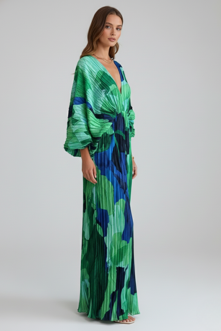 Women’s Long Dress with V-Neckline and Pleated Finish