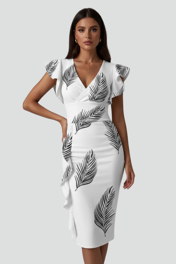 Women's Floral V-Neck Midi Dress with Ruffle Sleeves and Draping