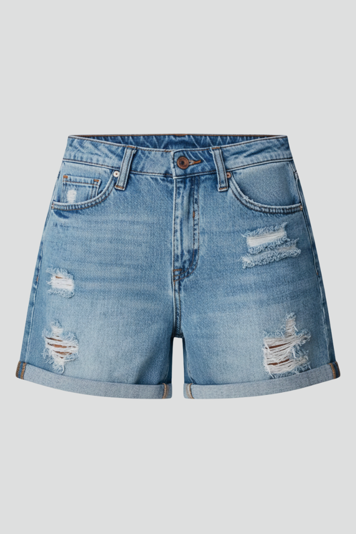 Women’s Denim Shorts with Distressed Surface and Fringe Hem