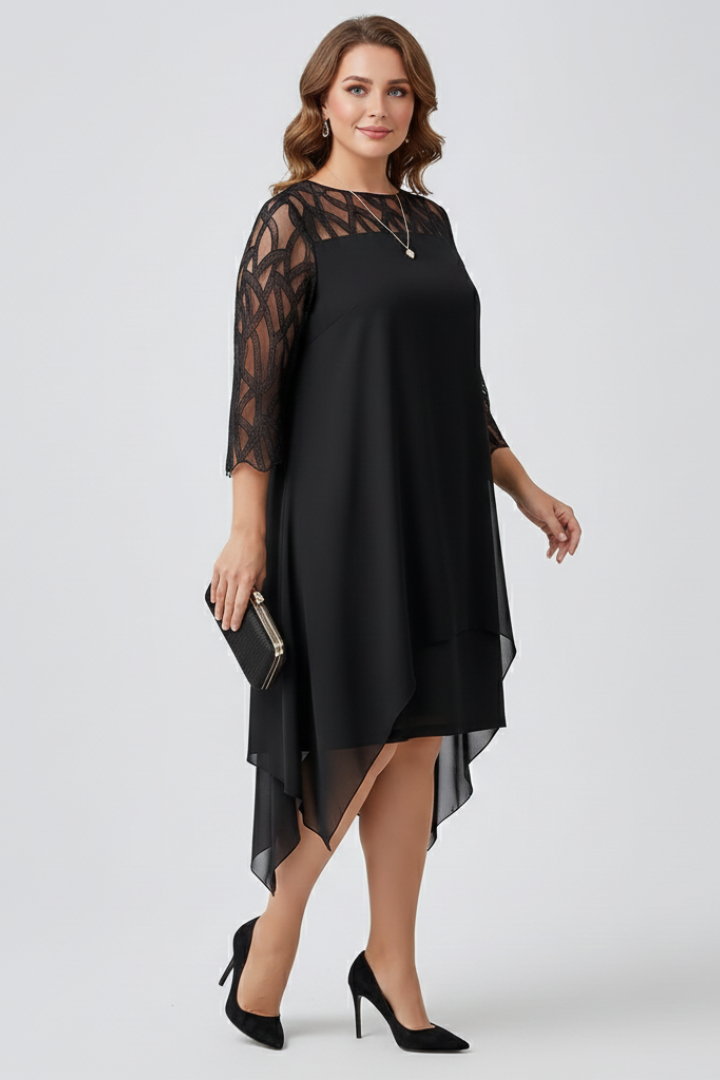 Women’s A Line Dress with Lace Sleeves and Asymmetrical Hem