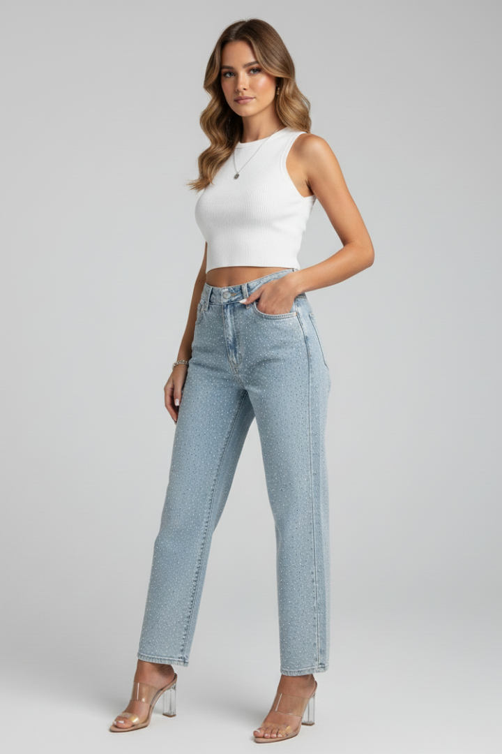 Women’s Jeans with High Waist and Shimmer Surface