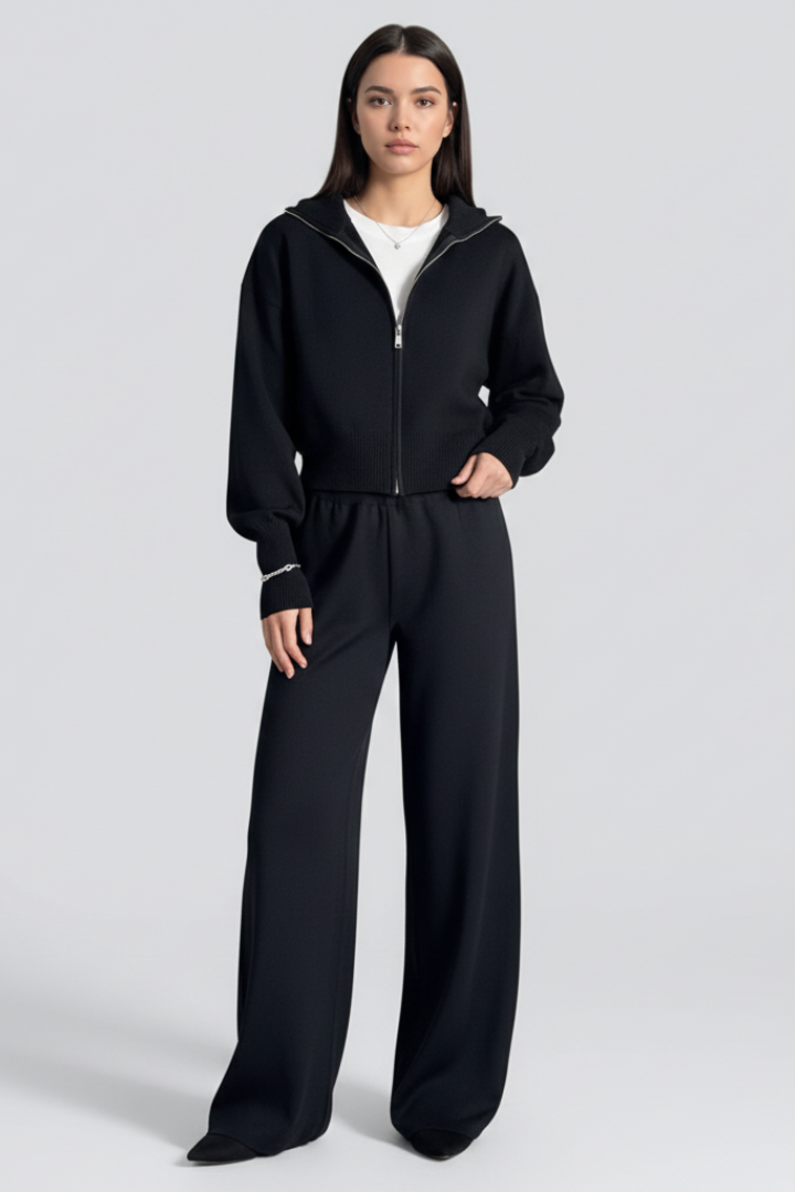 Women’s Knit Set with Zip Jacket and Wide-Leg Trousers