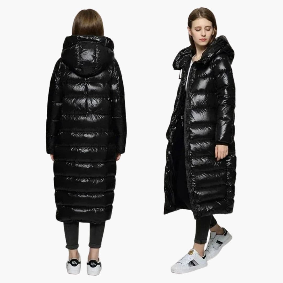 Women’s Long Puffer Coat with Hood and Zip Fastening