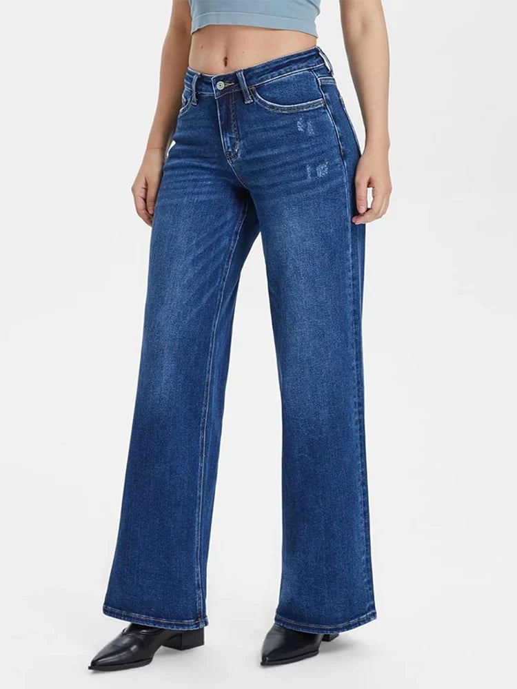 Women’s Wide-Leg Jeans with Mid Waist and Button Closure