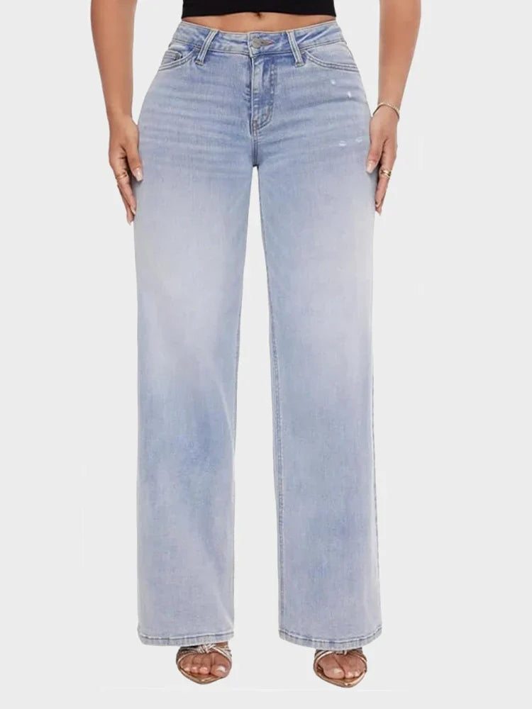 Women’s Wide-Leg Jeans with Mid Waist and Button Closure