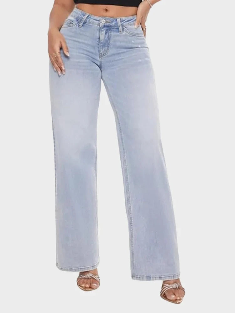 Women’s Wide-Leg Jeans with Mid Waist and Button Closure