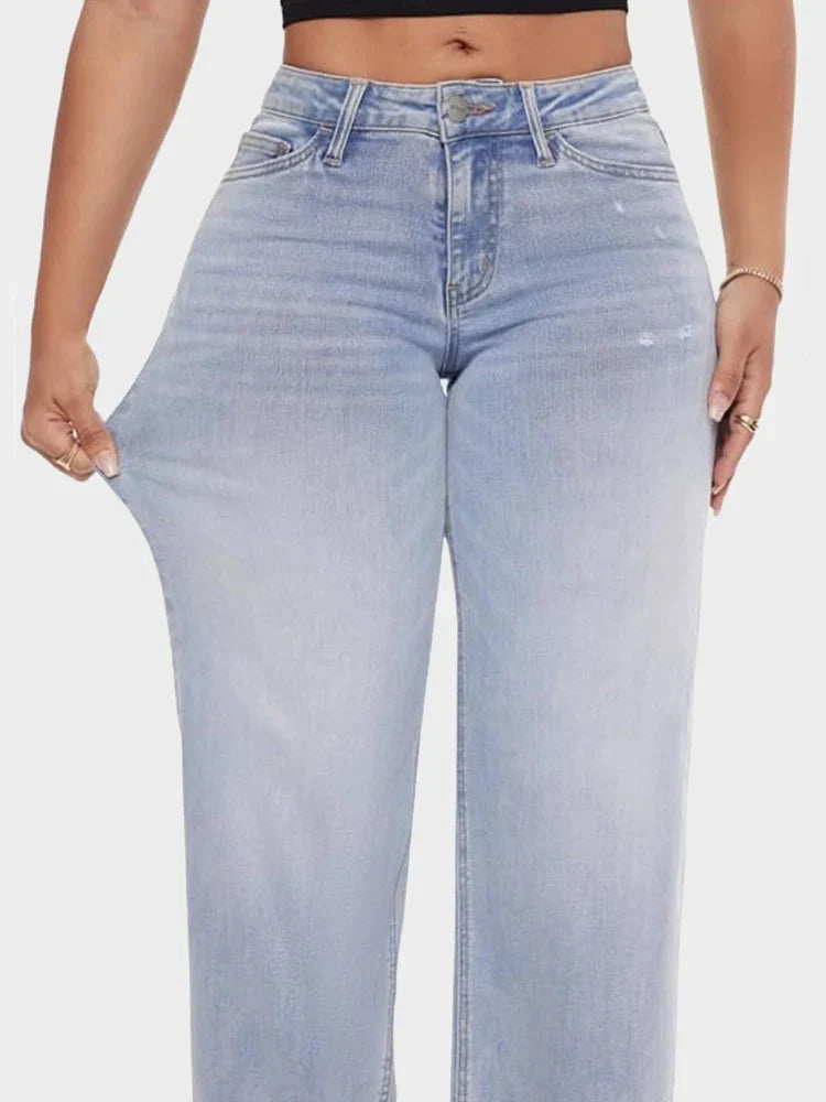 Women’s Wide-Leg Jeans with Mid Waist and Button Closure