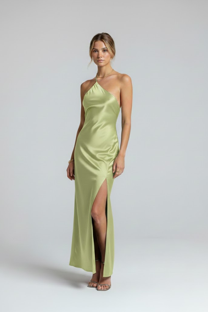 Women’s Maxi Dress with Slit and Asymmetric Neckline