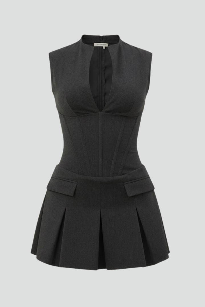 Women’s Mini Dress with Pleated Skirt and Plunge Neckline