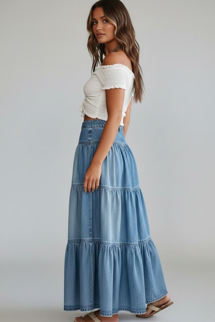 Women’s Denim Maxi Skirt with Buttons and Tiers