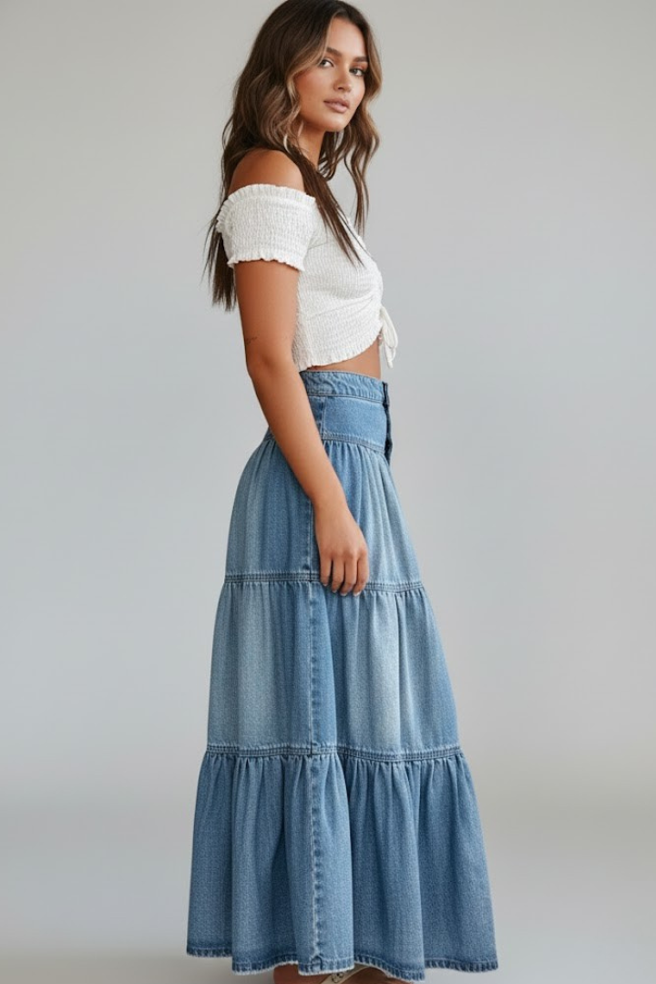 Women’s Denim Maxi Skirt with Buttons and Tiers