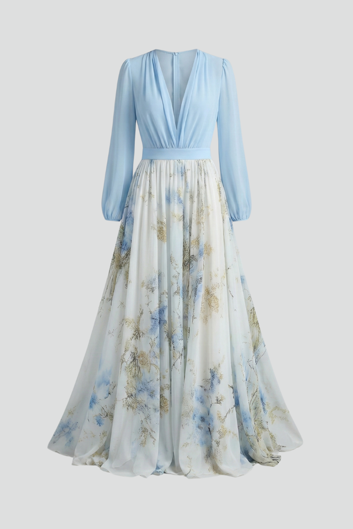 Women’s Maxi Dress with V-Neckline and Sheer Sleeves