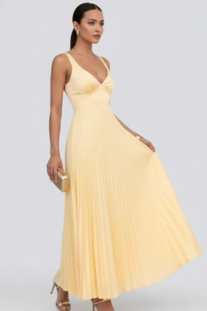 Women’s Maxi Dress with Pleated Skirt and V‑Neck