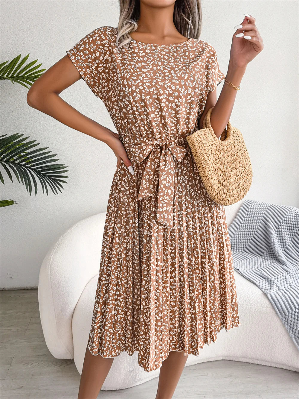 Isabelle | Pleated Floral Dress with Tie