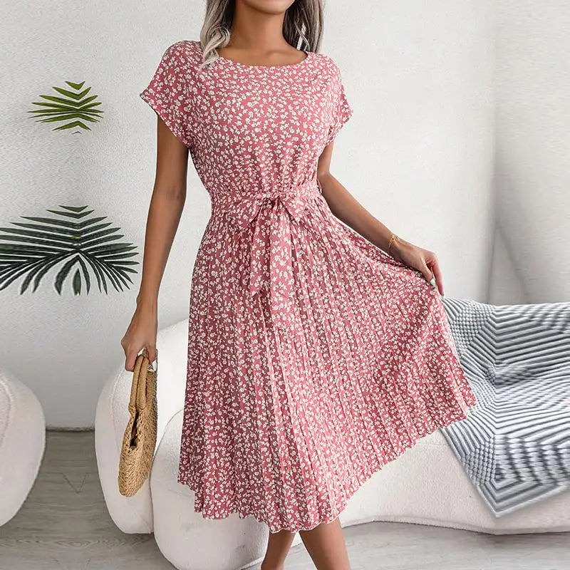 Isabelle | Pleated Floral Dress with Tie