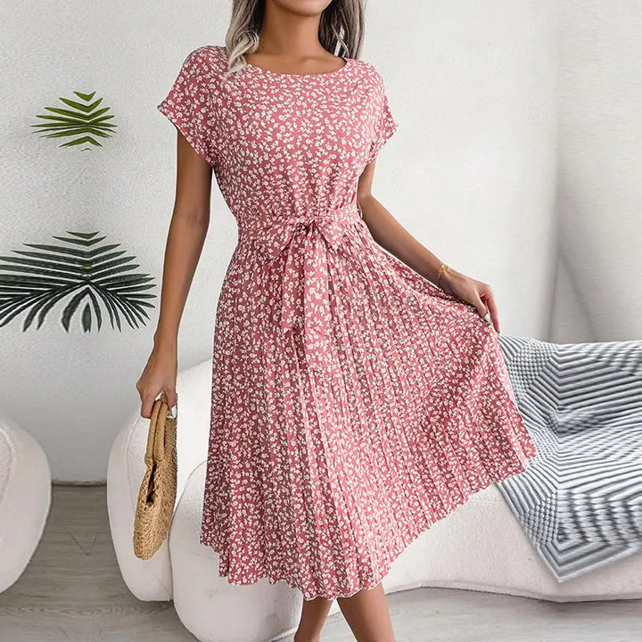 Isabelle | Pleated Floral Dress with Tie