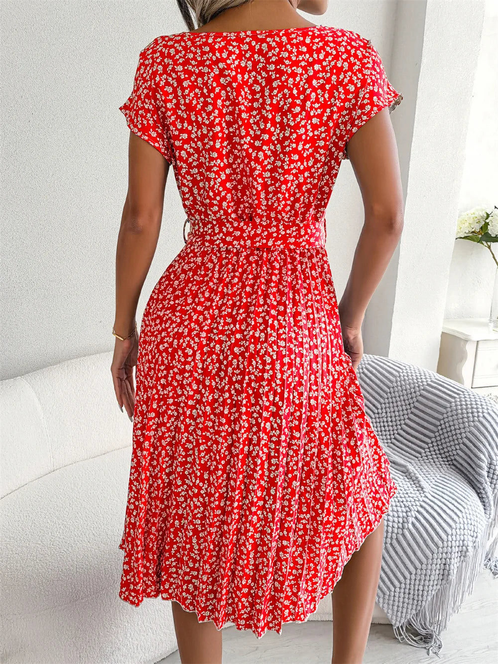 Isabelle | Pleated Floral Dress with Tie