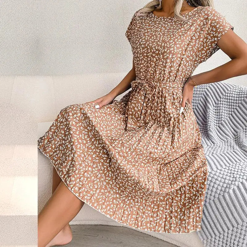 Isabelle | Pleated Floral Dress with Tie