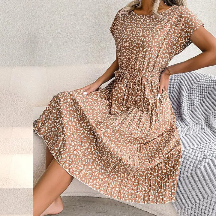 Isabelle | Pleated Floral Dress with Tie
