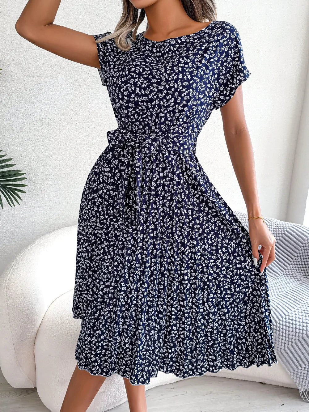 Isabelle | Pleated Floral Dress with Tie