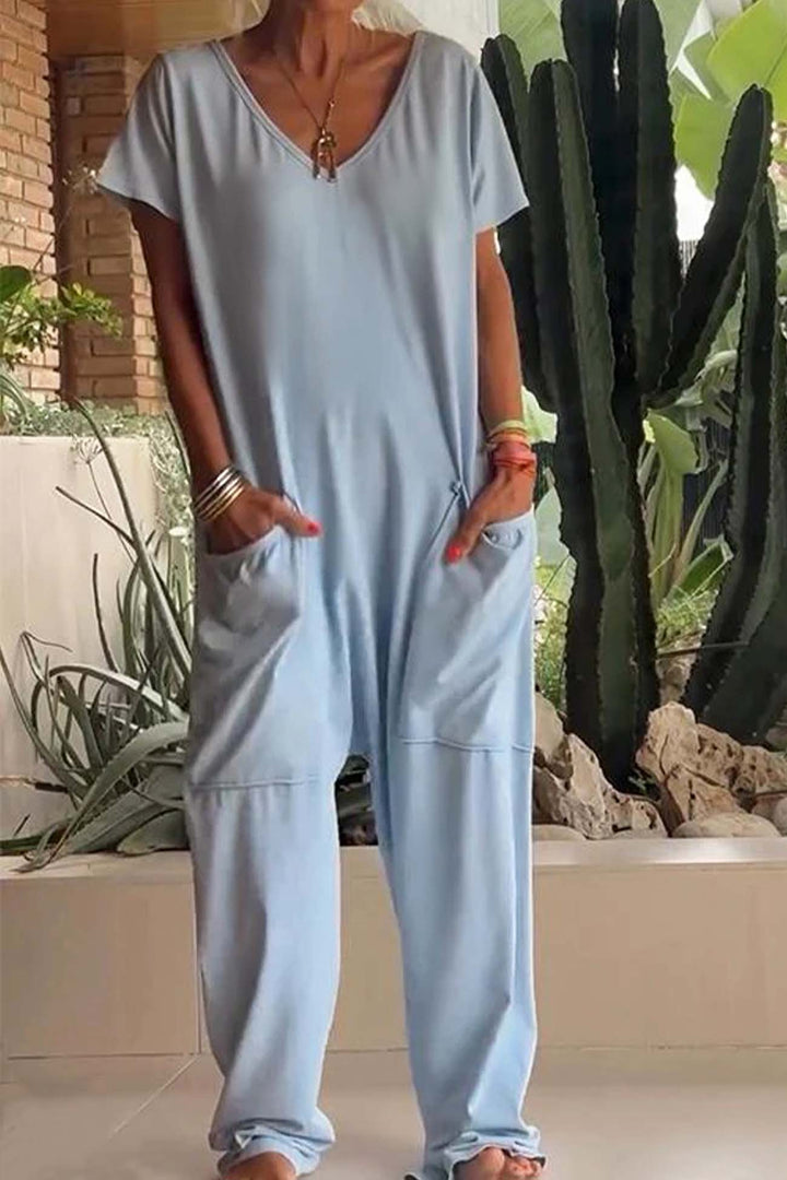 Reshiel | Relaxed Short-Sleeve V-Neck Baggy Jumpsuit