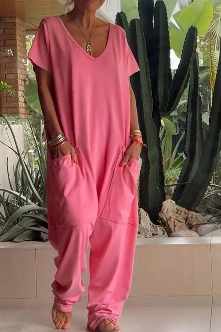 Reshiel | Relaxed Short-Sleeve V-Neck Baggy Jumpsuit