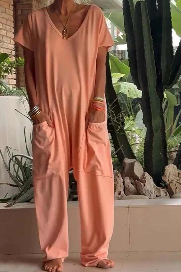 Reshiel | Relaxed Short-Sleeve V-Neck Baggy Jumpsuit
