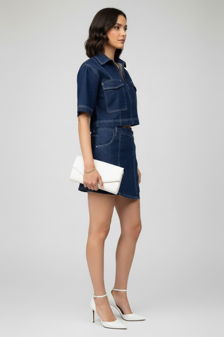 Denim Two-Piece Set with Zip-Up Crop Top