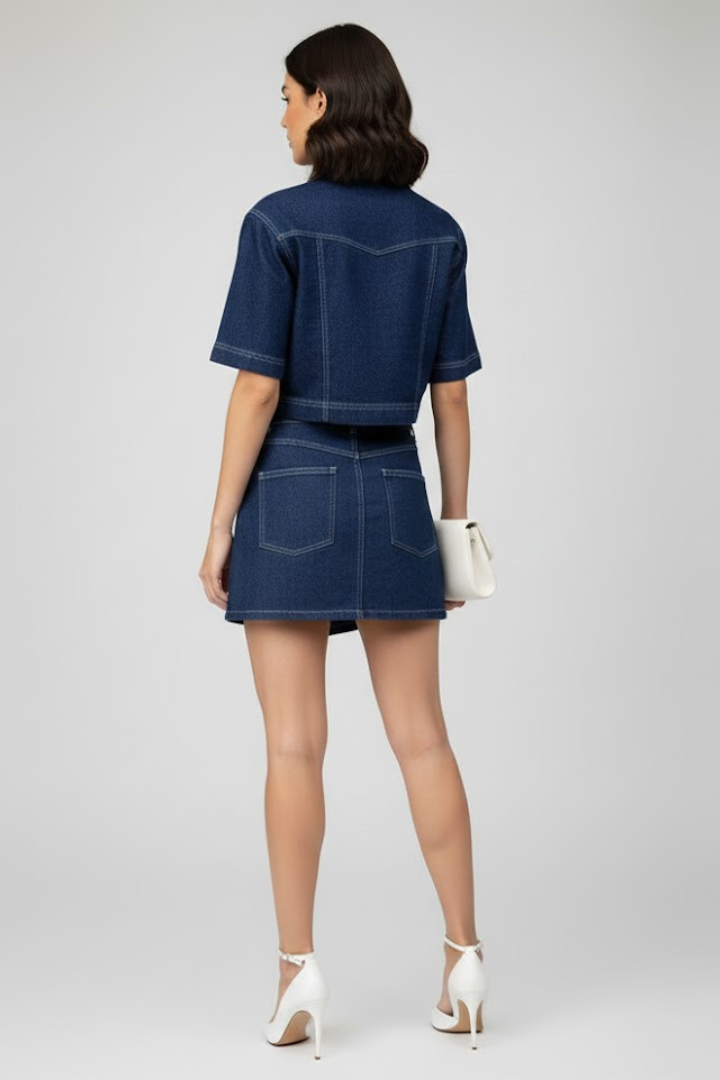 Denim Two-Piece Set with Zip-Up Crop Top