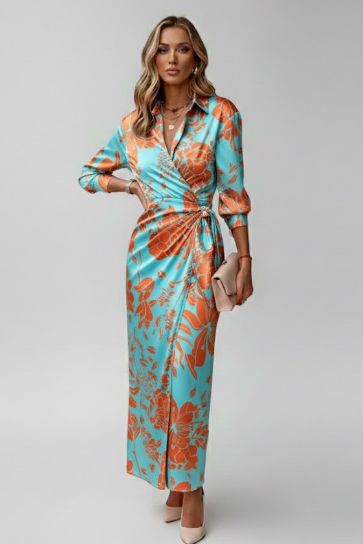 Women’s Maxi Dress with Wrap Front and Printed Surface