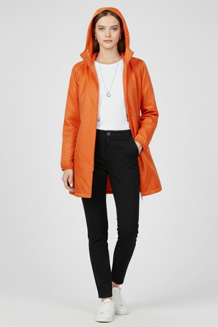 Women's Trench Coat with Hood and Uniform Outer Surface