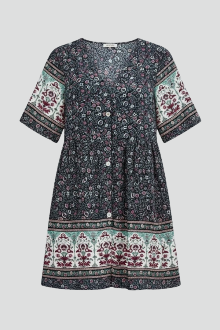 Women’s Short Sleeve Dress with V-Neck and Button Front