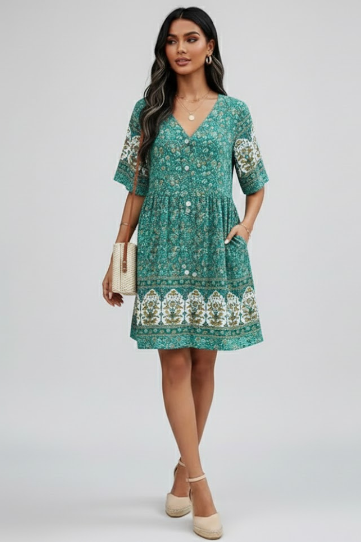 Women’s Short Sleeve Dress with V-Neck and Button Front