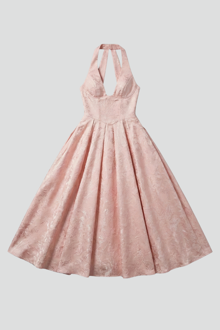 Women’s Midi Dress with Halter Neckline and Fitted Bodice