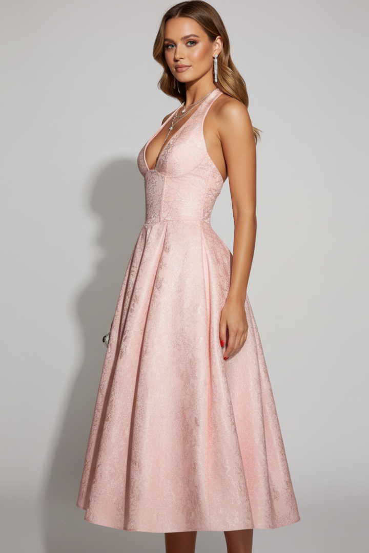 Women’s Midi Dress with Halter Neckline and Fitted Bodice