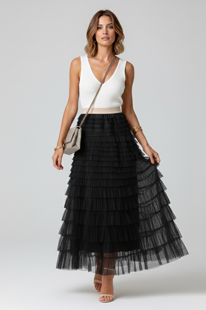 Women’s Midi Tulle Skirt with Layered Design and Elastic Waist