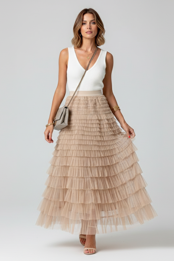 Women’s Midi Tulle Skirt with Layered Design and Elastic Waist
